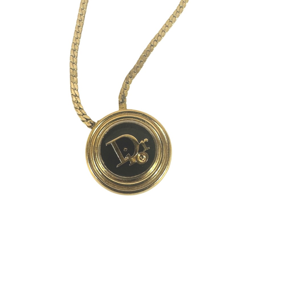 Vintage Christian Dior Necklace Gold Tone Pendant Logo Charm - Picture 1 of 11